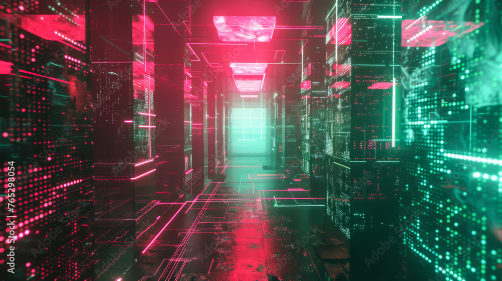 Poster network server room with computers for digital communications and internet, abstract data concept