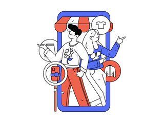 Holiday shopping people doing e-commerce online shopping flat vector concept operation hand drawn illustration
