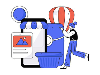 Holiday shopping people doing e-commerce online shopping flat vector concept operation hand drawn illustration
