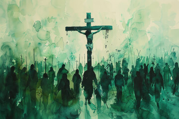 Jesus Christ on cross surrounded by crowd people, green watercolor