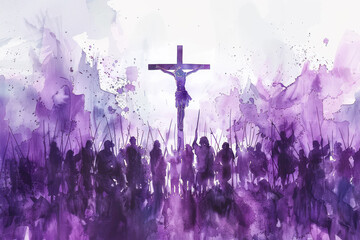 Jesus Christ on cross surrounded by crowd people, purple watercolor - obrazy, fototapety, plakaty