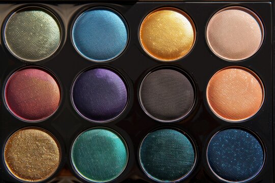 High-resolution image of an eyeshadow palette featuring a spectrum of colorful shimmery shades.