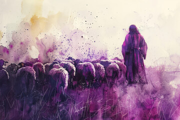 Purple splash watercolor painting of Jesus Christ grazing sheep - obrazy, fototapety, plakaty