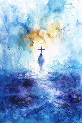 Blue splash watercolor of Jesus Christ walking on clouds