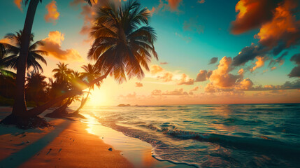 Palm trees silhouettes on tropical beach at vivid sunset time. sunset light. - obrazy, fototapety, plakaty