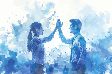 Blue watercolor of businesswoman giving a high five to male colleague in meeting