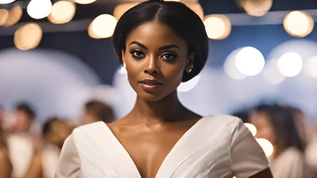 A black woman dressed in white at party, elegant and confident 
