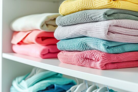 Multicolored folded towels on shelf, home organization