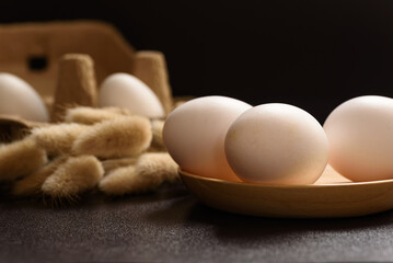 Fresh white organic eggs of the Leghorn breed from local farms raised in an open system. Ingredients for cooking healthy food - obrazy, fototapety, plakaty
