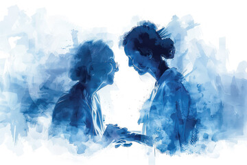 Blue watercolor painting of a nurse helping mature patient