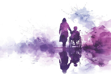 Purple watercolor painting of a nurse pushing a patient's wheelchair