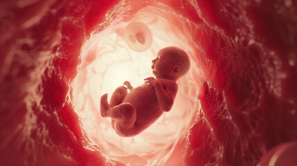 Little human baby inside mother womb. Small embryo in uterus. Cute unborn child sleeps in belly. Origin beginning of life concept.