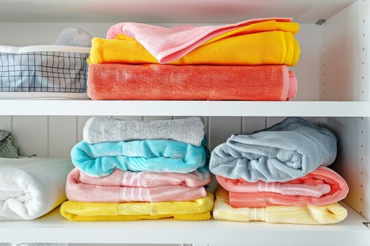 Colorful towels and clothes on shelves, organized
