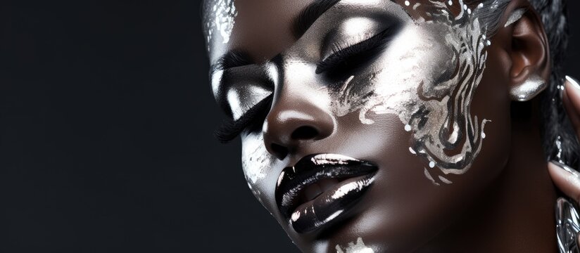 Capture a detailed shot of a woman's face beautifully decorated with shimmering silver paint
