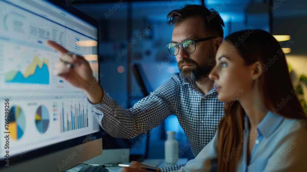 Aufkleber a man with glasses points at a computer monitor while two women look on. concept of collaboration an