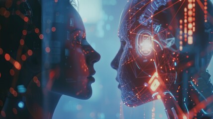 person talking with robotic ai.futuristic technology or machine learning concepts.