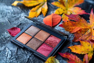 Autumn-themed eyeshadow palettes with rich, seasonal colors, surrounded by vibrant fall leaves, evoking a cozy, warm aesthetic.