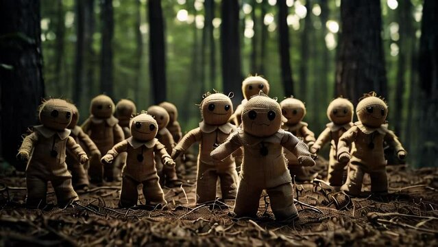 A line of one-eyed dolls stares out from within a dimly lit forest.
