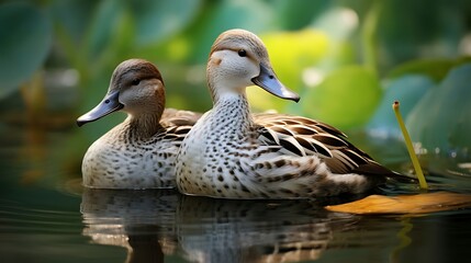 Tranquil Scene: Two Graceful Gadwalls Serenely Resting at the Water's Edge of a Serene Lake, Embodying Serenity and Natural Beauty