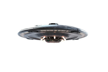 A detailed close-up reveals the sleek metallic surface and unconventional design of the UFO, suggesting advanced technology beyond human comprehension.
