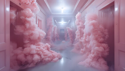 Hallway of a building filled with magenta smoke seeping out of doors