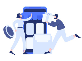 Holiday shopping people doing e-commerce online shopping flat vector concept operation hand drawn illustration
