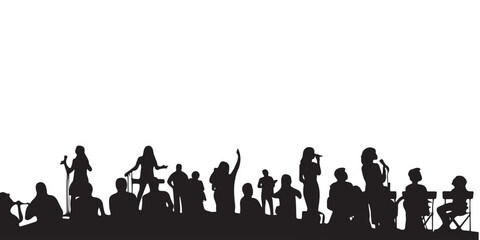 Naklejka premium vector silhouette of a crowd of people watching a music concert in front of the stage with cheering and waving hands, suitable for poster, banner or advertising elements for concerts and parties