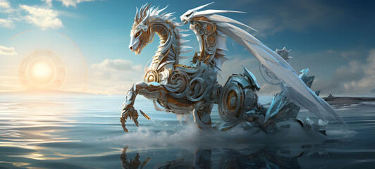 photograph of a Transformers robot white Seahorses adorned in celestial sun and moon, ai generative