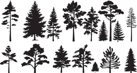collection of pine tree silhouettes - obrazy, fototapety, plakaty