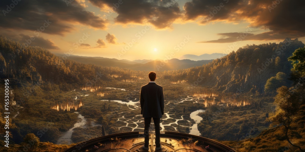 Poster man standing on platform overlooking vast valley generative ai