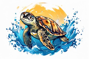 Obraz premium Serene turtle gracefully gliding through shimmering ocean waters, illuminated by warm hues of breathtaking sunset. For fashion, clothing design, animal themed clothing advertising, Tshirt, postcard.