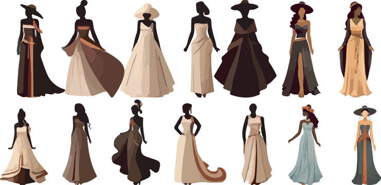 vector collection of black girls wearing wedding clothes. dress clothes. fashion show for women's clothing design