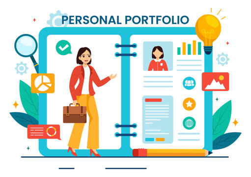Personal Portfolio Vector Illustration with Profile Data, Resume or Self Improvement to Attract Clients and Employers in Flat Cartoon Background
