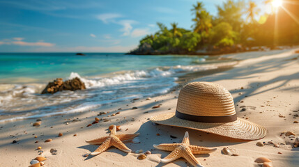 Fototapeta na wymiar A colorful hat sits abandoned next to a starfish on a sandy beach. The scene captures a moment of playful whimsy amidst the tranquil setting of a summer vacation