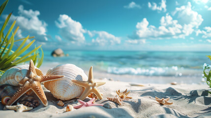 Seashells and starfish mingle on a sandy beach, painting a picture of harmony and beauty under the summer sun