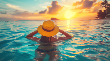 A woman wearing a vibrant yellow hat joyfully wades through the water, enjoying a sunny day at the beach during her summer vacation - obrazy, fototapety, plakaty