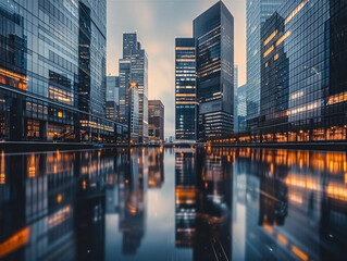 Long exposure of a city at dusk, showcasing reflective building surfaces
