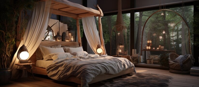 An arafed bed with a canopy featuring decorative fabric hanging down, alongside a canopy bed with elegant drapery