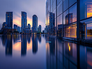 Fototapeta na wymiar Long exposure of a city at dusk, showcasing reflective building surfaces
