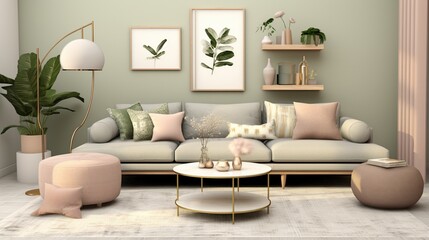 Modern living room interior composition with luxurious palette and background 