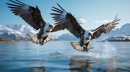 Synchronized Flight: Majestic Osprey Pair Soaring in Perfect Harmony Over the Serene Lake Waters, a Captivating Display of Avian Grace and Coordination - obrazy, fototapety, plakaty