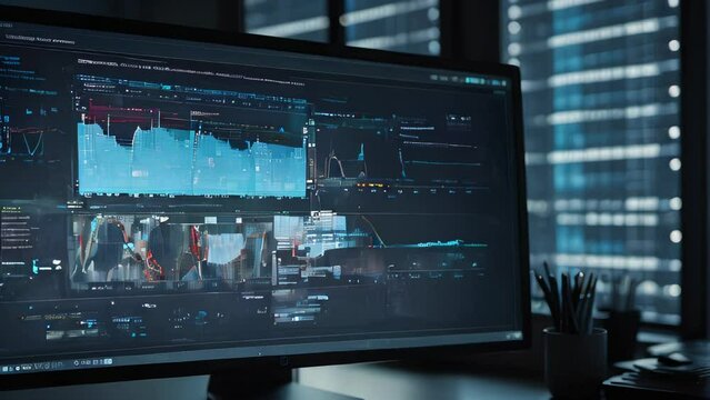 In a dark room, graphs and data of financial markets are displayed across multiple monitors.
