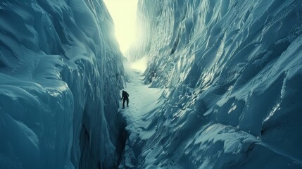A climber navigating a treacherous crevasse on a glacier, sunlight reflecting off the icy surface - Powered by Adobe