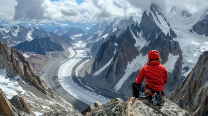 A climber looking out from a high camp, mesmerized by the vastness of the surrounding peaks and valleys