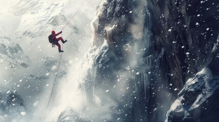 A climber rappelling down a steep cliff face, snow swirling around them in a blizzard - obrazy, fototapety, plakaty