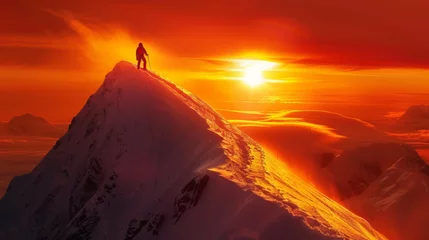 Papier Peint photo Rouge 2 A climber silhouetted against a fiery orange sunset at the top of a snow-covered peak 