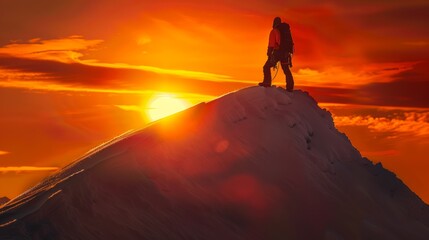 Fototapeta premium A climber silhouetted against a fiery orange sunset at the top of a snow-covered peak