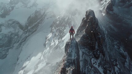 A climber traversing a narrow ridge with a dramatic drop on either side, showcasing their balance and courage - obrazy, fototapety, plakaty