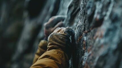 A climber's gloved hand gripping a rock face, showcasing the intense focus and exertion