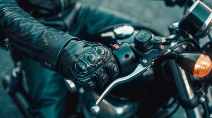 A close-up shot of a rider's gloved hand gripping the handlebars